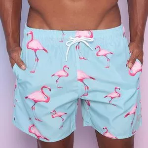 Short Flamingos Com Bolsos<BR>- Azul Claro & Rosa Claro