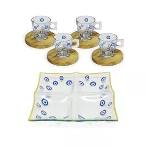 Jogo De Petisqueira & Xícaras<BR>- Branco & Azul<BR>- 5Pçs<BR>- Decor Glass