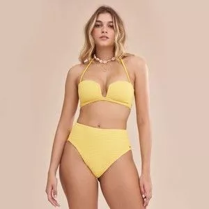 Biquíni Top Sem Alça & Hot Pant Texturizado<BR>- Amarelo Claro