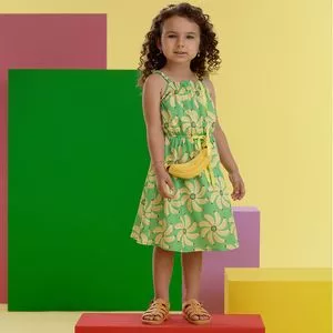 Conjunto Infantil De Vestido & Bolsa Bananinha<BR>- Verde Claro & Amarelo<BR>- Mon Sucré