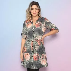 Camisa Floral Alongada Com Recortes<BR>- Preta & Vermelha<BR>- DBZ Jeans