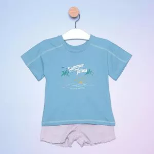 Conjunto Juvenil De Camiseta Coqueiros & Bermuda Em Sarja<BR> - Azul & Cinza<BR> - Hering Kids