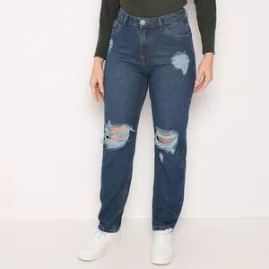 Calça Jeans Reta Com Destroyed<BR>- Azul Escuro & Azul Claro