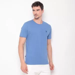 Camiseta Com Bordado<BR>- Azul Claro & Azul Marinho