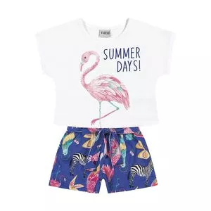 Conjunto Juvenil De Blusa Flamingo & Short Animais<BR>- Branco & Azul Escuro<BR>- Nanai