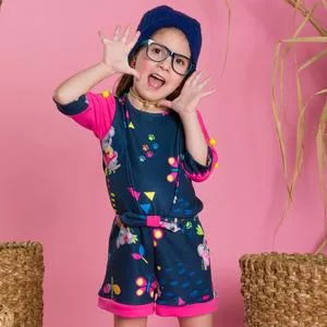Macaquinho Infantil Com Recortes<BR>- Azul Marinho & Pink