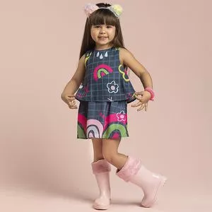 Vestido Infantil Arco-Íris<BR>- Azul Marinho & Pink