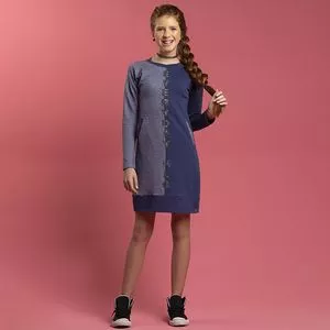 Vestido Infantil Com Inscrição<BR>- Azul Escuro & Azul