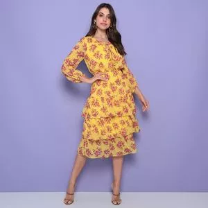 Vestido Curto Com Babados<BR>- Amarelo & Coral