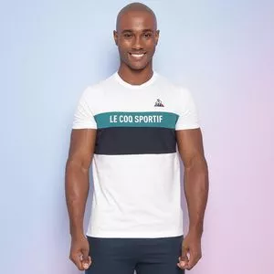 Camiseta Com Inscrição<BR>- Branca & Azul Marinho<BR>- Le Coq Sportif
