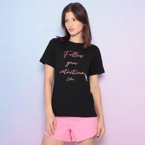 Camiseta Com Inscrições<BR>- Preta & Rosa<BR>- Colcci
