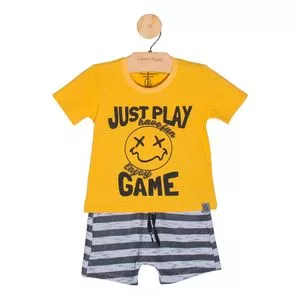 Conjunto Infantil De Camiseta & Short Com Inscrições<BR>- Amarelo & Cinza