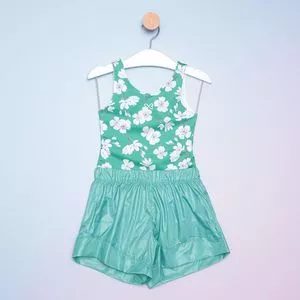 Conjunto Infantil De Maiô & Short Floral<BR>- Verde Água & Branco<BR>- Luluzinha