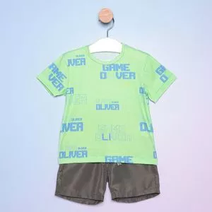 Conjunto Infantil De Camiseta & Bermuda<BR>- Verde Claro & Cinza Escuro<BR>- Luluzinha