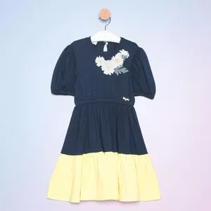 Vestido Infantil Com Aplicação<BR>- Azul Marinho & Amarelo Claro<BR>- Luluzinha