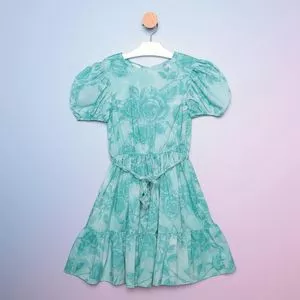 Vestido Infantil Floral Com Cinto<BR>- Verde Água & Azul Turquesa<BR>- Luluzinha