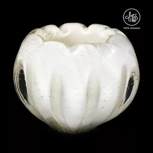 Mini Cachepot Assimétrico<BR>- Cristal & Off White<BR>- 11xØ15cm<BR>- Cristais São Marcos