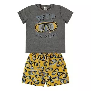 Conjunto Infantil De Camiseta Mescla & Bermuda Sea Diver<BR>- Cinza Escuro & Amarelo<BR>- Boca Grande