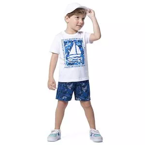 Conjunto Infantil De Camiseta Barquinho & Bermuda Abstrata<BR>- Branco & Azul Escuro<BR>- Boca Grande