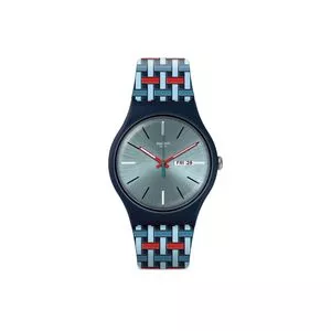 Relógio Analógico 48707<BR>- Azul Marinho & Vermelho<BR>- Swatch