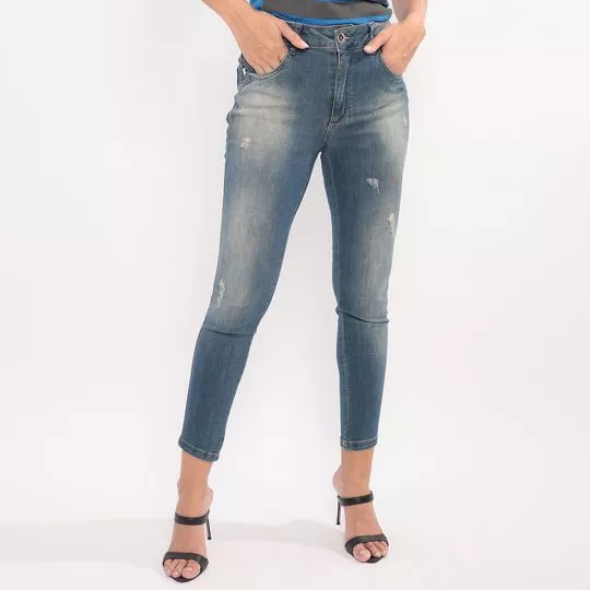 Calça Jeans Skinny Com Puídos- Azul