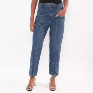 Calça Jeans Reta Com Recortes<BR>- Azul Escuro