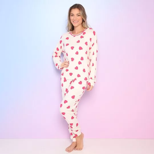 Pijama Corações- Off White & Pink