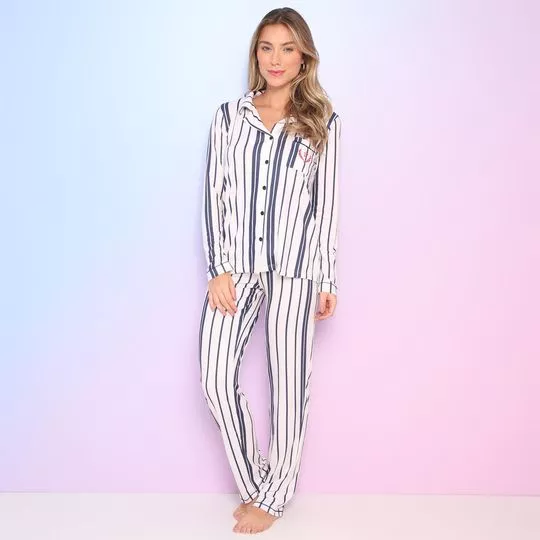 Pijama Listrado- Off White & Azul