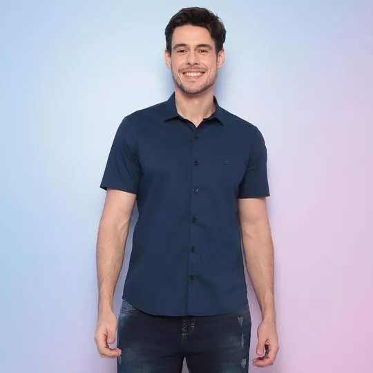 Camisa Slim Fit Com Bordado- Azul Marinho