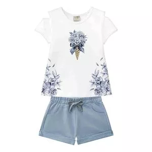 Conjunto Infantil De Blusa Floral & Short<BR>- Branco & Azul