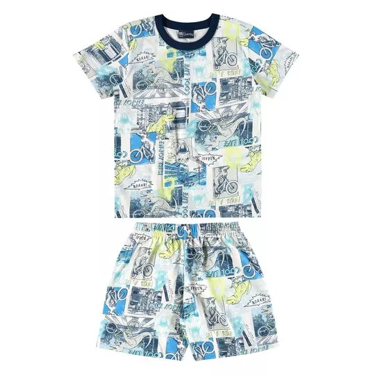 Pijama Infantil Dinos- Off White & Azul- Quimby