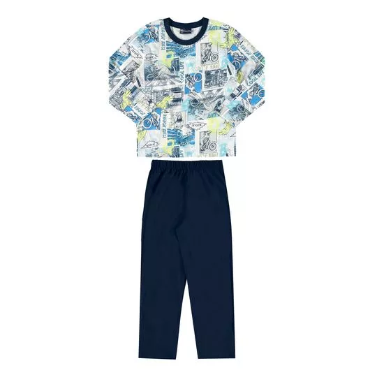 Pijama Infantil Dinos- Off White & Azul Marinho- Quimby