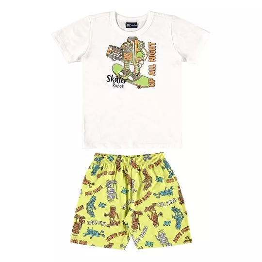 Pijama Infantil Robôs- Off White & Verde Limão- Quimby