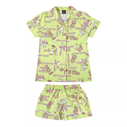 Pijama Infantil Listrado- Verde Claro & Rosa Claro- Gloss