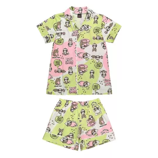 Pijama Infantil Estampado- Verde Claro & Rosa Claro- Gloss