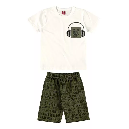 Conjunto Infantil De Camiseta & Bermuda- Branco & Verde Escuro- Bee Loop