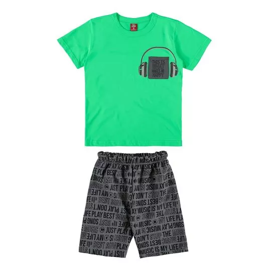 Conjunto Infantil De Camiseta & Bermuda- Verde & Cinza Escuro- Bee Loop