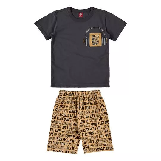 Conjunto Infantil De Camiseta & Bermuda- Cinza Escuro & Amarelo Escuro- Bee Loop