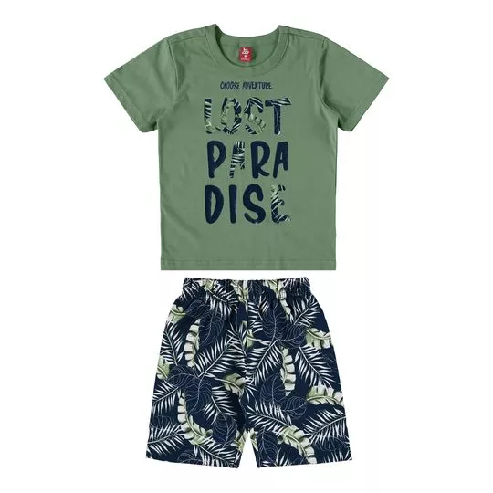Conjunto Infantil De Camiseta & Bermuda- Verde Escuro & Azul Marinho- Bee Loop