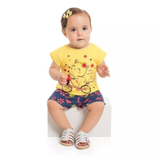 Conjunto Infantil De Blusa & Short Floral- Amarelo & Vermelho- Bee Loop