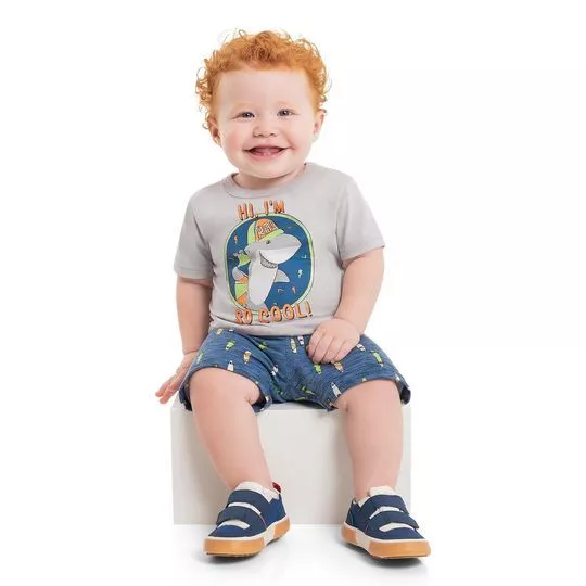 Conjunto Infantil De Camiseta Infantil Tubarão & Bermuda- Cinza & Azul Marinho- Bee Loop
