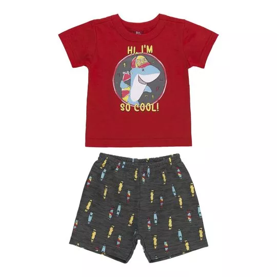 Conjunto Infantil De Camiseta Infantil Tubarão & Bermuda- Vermelho & Cinza Escuro- Bee Loop