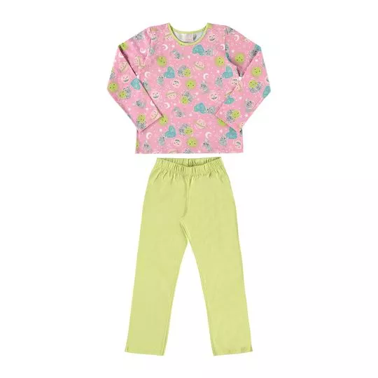Pijama Infantil Com Gatinho- Rosa & Verde Limão- Quimby