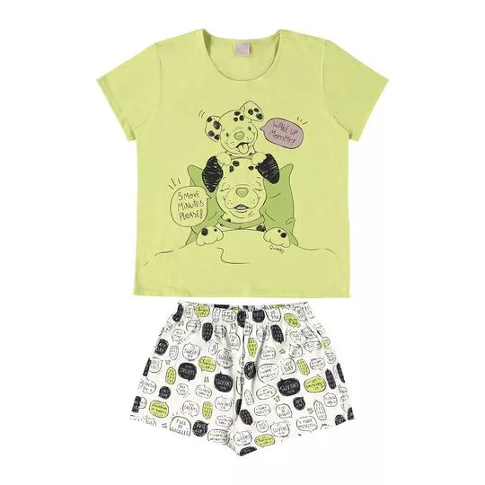 Pijama Infantil Com Inscrições- Verde Limão & Branco- Quimby