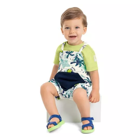 Conjunto Infantil De Camiseta Infantil & Jardineira Tropical- Verde Claro & Branca- Quimby