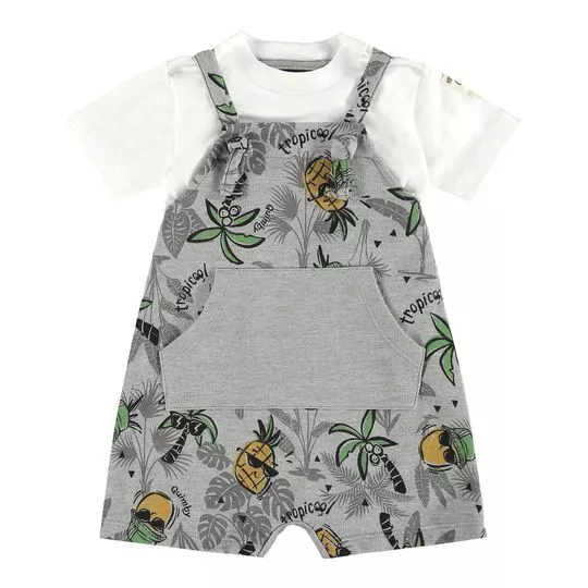Conjunto Infantil De Camiseta Infantil & Jardineira Tropical- Branco & Cinza- Quimby