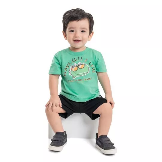Camiseta Infantil Dinossauro- Verde Água & Laranja- Quimby