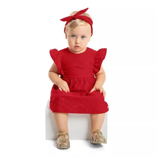 Conjunto Infantil De Vestido & Faixa Para Cabelo Texturizado- Vermelho- Quimby