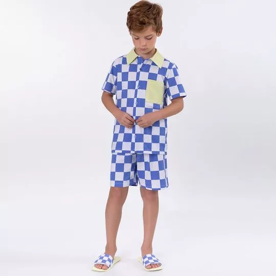 Pijama Infantil Quadriculado- Branco & Azul Escuro- Veggi