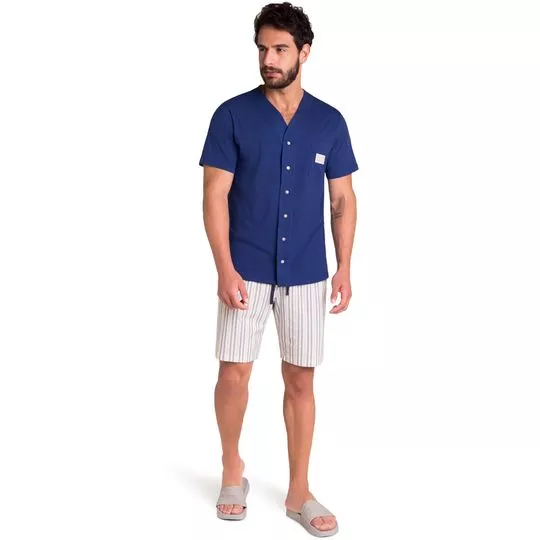 Pijama Listras- Azul Escuro & Off White- Veggi
